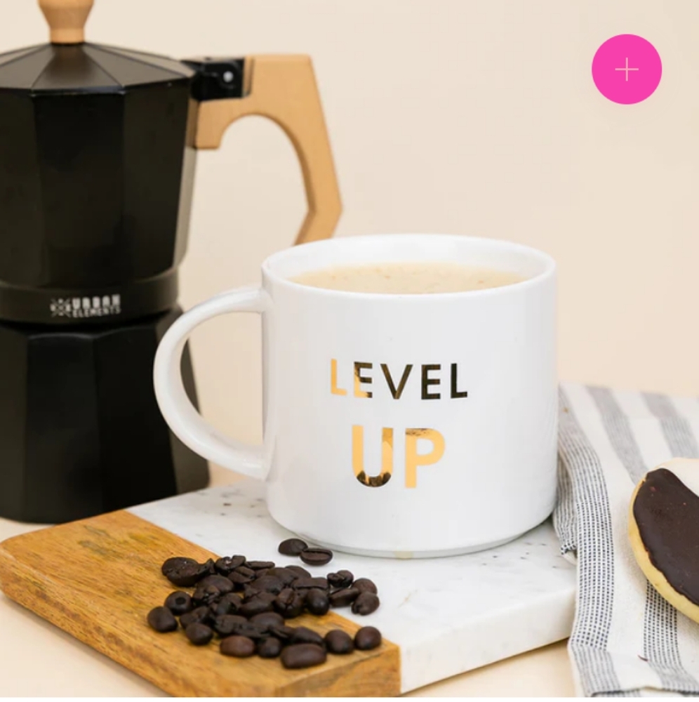 🆕CHEZ GAGNÉ LEVEL UP - GOLD FOIL METALLIC MUG Coffee Mug Tea Mug White & Gold